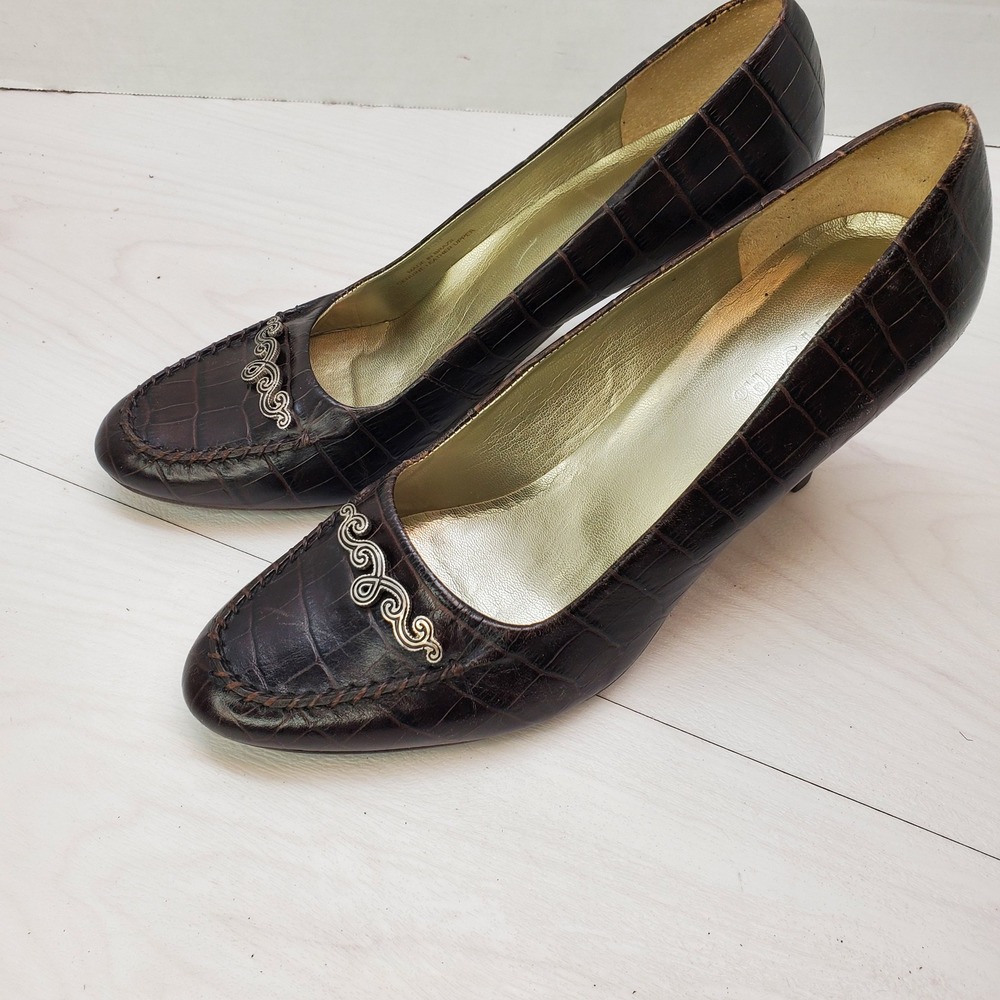 Unisa Castle Dark Brown‎ Croc Embossed Leather Pumps W 10B 90s Y2K Office Siren